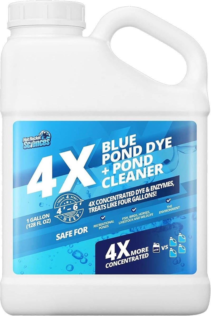 Not Rocket Sciences 1 Gallon 4X Blue Pond Dye + Pond Cleaner, Blue Dye for Ponds and Lakes, 2-in-1 Lake Colorant + Enzymes, Makes Murky Water Clean & Beautiful, Keeps The Water Cool, Clear, and Ideal for Fish & Wildlife - Image 1
